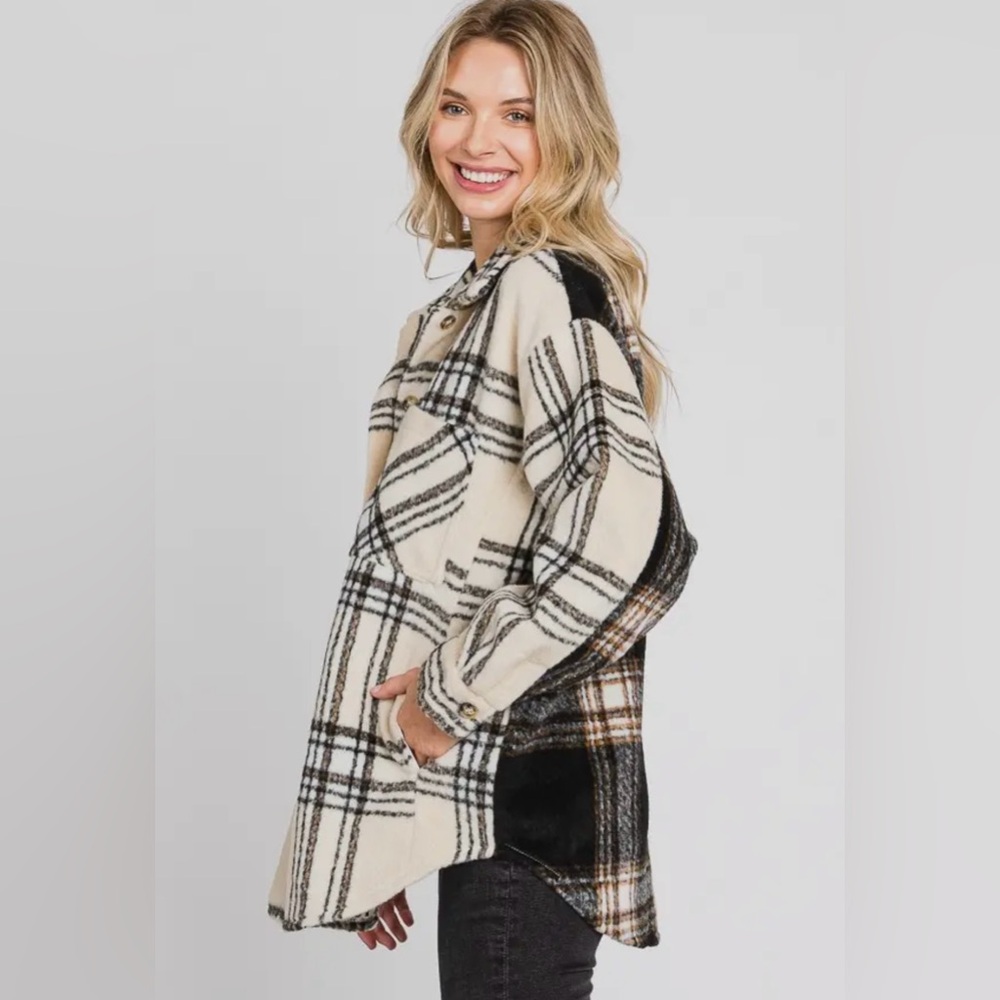 887. Two Sides to Every Story , Contrast Plaid Shacket, Ivory, various sizes